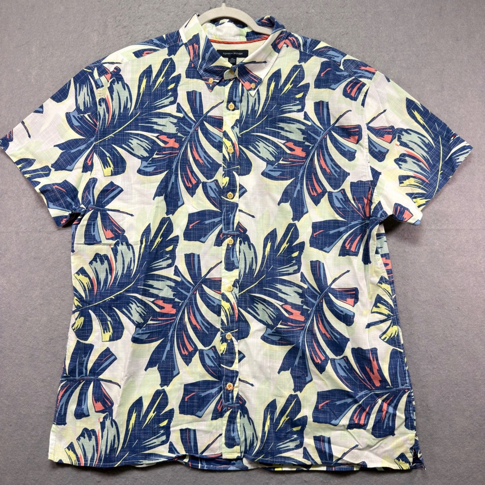 Tommy Hilfiger Mens XXL Custom Fit Tropical Leaf Short Sleeve Button Down Shirt